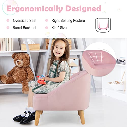 Costzon Kids Sofa with Ottoman, Toddler Chair w/Footstool, Velvet Surface, Children Armchair for Play Room, Nursery, Kindergarten, Kids Room, Gift for 3-5 Years Old Boys & Girls, Toddler Couch (Pink)