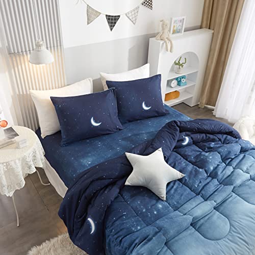 HYPREST Kids Twin Bed in A Bag Comforter Set with Sheets - 5 Pieces Twin Bedding Comforter Set for Girls Boys, Monn Star Blue Twin Bed Comforter Super Soft Lightweight Breathable(Oeko-Tex Certified)