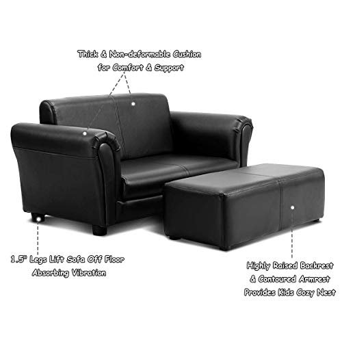 Costzon Children Sofa w/Footstool, 32.5‘’x16.5‘’x16‘’ Upholstered Couch, Sturdy Wood Construction, 2 Seat Armrest Chair Lounge for Preschool Kids Toddlers Boys, Girls, ASTM and CPSIA Certified (Black)