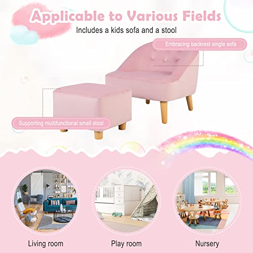 Costzon Kids Sofa with Ottoman, Toddler Chair w/Footstool, Velvet Surface, Children Armchair for Play Room, Nursery, Kindergarten, Kids Room, Gift for 3-5 Years Old Boys & Girls, Toddler Couch (Pink)
