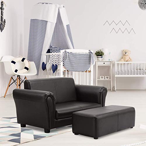 Costzon Children Sofa w/Footstool, 32.5‘’x16.5‘’x16‘’ Upholstered Couch, Sturdy Wood Construction, 2 Seat Armrest Chair Lounge for Preschool Kids Toddlers Boys, Girls, ASTM and CPSIA Certified (Black)