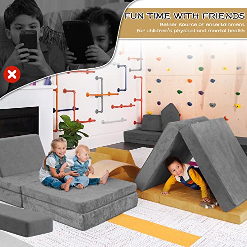 Wanmwill 6PCS Kids Sofa Modular, Convertible Folding with Safe Zippers, Kids and Toddler Soft Play Equipment, Kids Futon for Bedroom Playroom Kindergarten, Grey