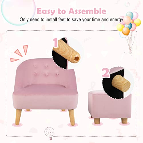 Costzon Kids Sofa with Ottoman, Toddler Chair w/Footstool, Velvet Surface, Children Armchair for Play Room, Nursery, Kindergarten, Kids Room, Gift for 3-5 Years Old Boys & Girls, Toddler Couch (Pink)