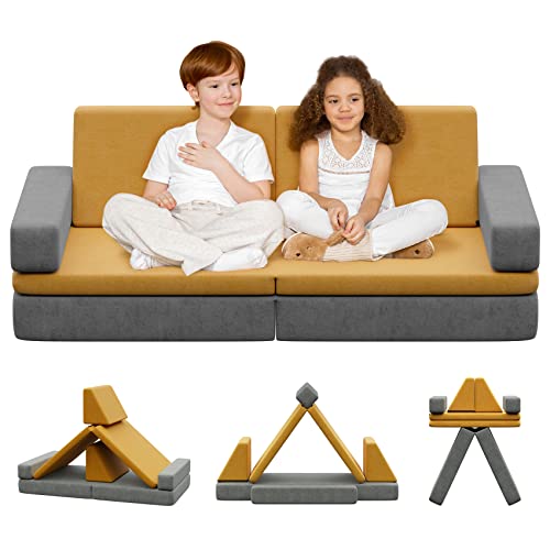 DUSACOM 6 PCS Kids Couch Floor Sofa Modular Furniture Play Set for Toddler to Teen, Indoor Convertible Sofa to Lounger with Washable Covers for Playroom Bedroom, 48" x 28.8" x 18.1" Yellow