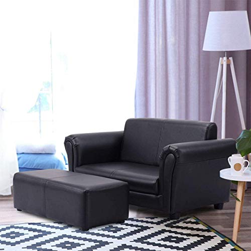 Costzon Children Sofa w/Footstool, 32.5‘’x16.5‘’x16‘’ Upholstered Couch, Sturdy Wood Construction, 2 Seat Armrest Chair Lounge for Preschool Kids Toddlers Boys, Girls, ASTM and CPSIA Certified (Black)