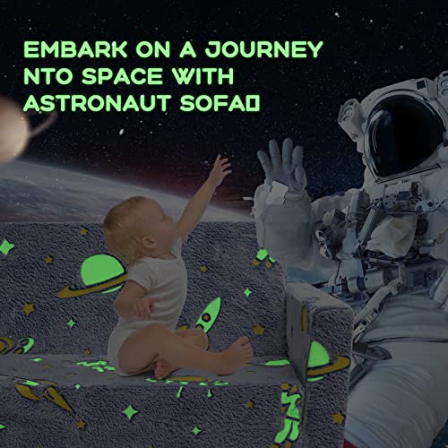 ALIMORDEN 2-in-1 Flip Out Extra Wide Cuddly Kids Couch, Glow in The Dark Toddler Chairs, Convertible Sofa to Lounger, Astronaut
