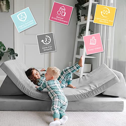 Wanmwill 6PCS Kids Sofa Modular, Convertible Folding with Safe Zippers, Kids and Toddler Soft Play Equipment, Kids Futon for Bedroom Playroom Kindergarten, Grey