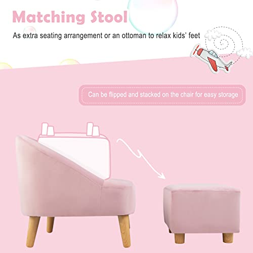 Costzon Kids Sofa with Ottoman, Toddler Chair w/Footstool, Velvet Surface, Children Armchair for Play Room, Nursery, Kindergarten, Kids Room, Gift for 3-5 Years Old Boys & Girls, Toddler Couch (Pink)