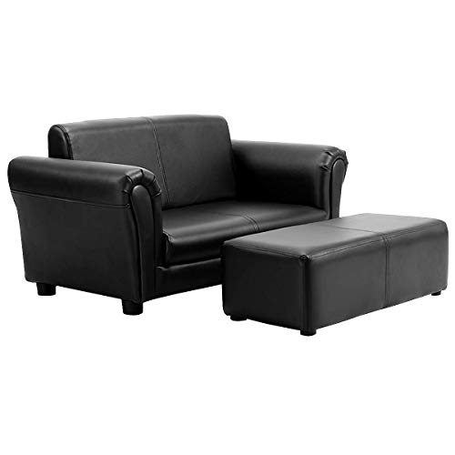Costzon Children Sofa w/Footstool, 32.5‘’x16.5‘’x16‘’ Upholstered Couch, Sturdy Wood Construction, 2 Seat Armrest Chair Lounge for Preschool Kids Toddlers Boys, Girls, ASTM and CPSIA Certified (Black)