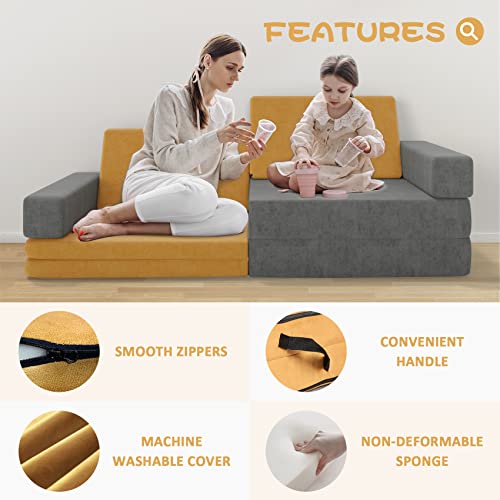 DUSACOM 6 PCS Kids Couch Floor Sofa Modular Furniture Play Set for Toddler to Teen, Indoor Convertible Sofa to Lounger with Washable Covers for Playroom Bedroom, 48" x 28.8" x 18.1" Yellow