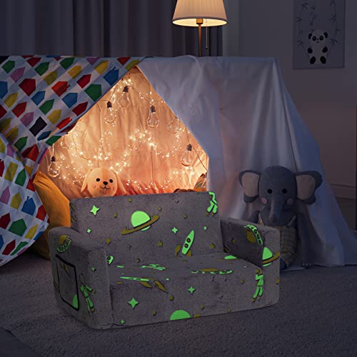 ALIMORDEN 2-in-1 Flip Out Extra Wide Cuddly Kids Couch, Glow in The Dark Toddler Chairs, Convertible Sofa to Lounger, Astronaut