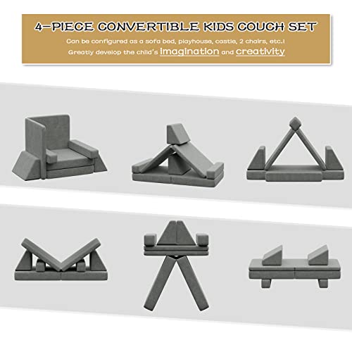 Wanmwill 6PCS Kids Sofa Modular, Convertible Folding with Safe Zippers, Kids and Toddler Soft Play Equipment, Kids Futon for Bedroom Playroom Kindergarten, Grey