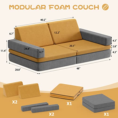 DUSACOM 6 PCS Kids Couch Floor Sofa Modular Furniture Play Set for Toddler to Teen, Indoor Convertible Sofa to Lounger with Washable Covers for Playroom Bedroom, 48" x 28.8" x 18.1" Yellow