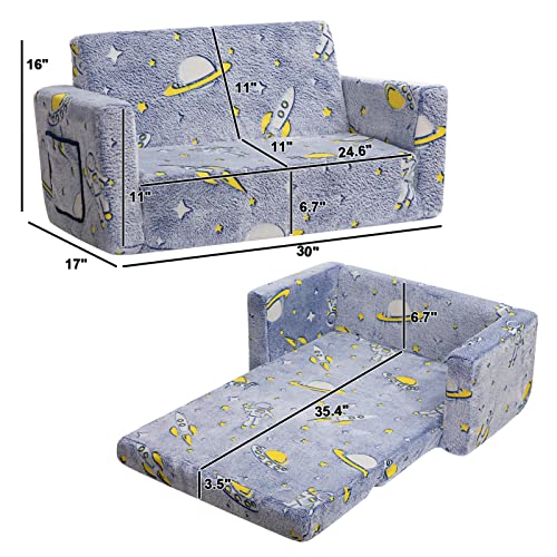 ALIMORDEN 2-in-1 Flip Out Extra Wide Cuddly Kids Couch, Glow in The Dark Toddler Chairs, Convertible Sofa to Lounger, Astronaut