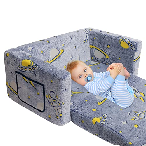 ALIMORDEN 2-in-1 Flip Out Extra Wide Cuddly Kids Couch, Glow in The Dark Toddler Chairs, Convertible Sofa to Lounger, Astronaut