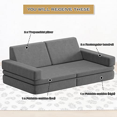 Wanmwill 6PCS Kids Sofa Modular, Convertible Folding with Safe Zippers, Kids and Toddler Soft Play Equipment, Kids Futon for Bedroom Playroom Kindergarten, Grey