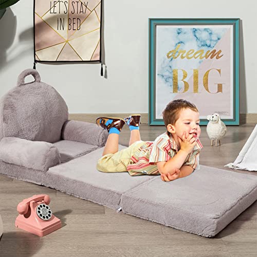 HIGOGOGO Plush Foldable Toddler Chair, Grey Children Couch Backrest Armchair Bed, Upholstered 2 in 1 Flip Open Infant Baby Seat, Kids Sofa for Living Room Bedroom