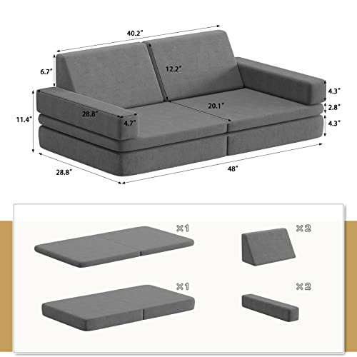 Wanmwill 6PCS Kids Sofa Modular, Convertible Folding with Safe Zippers, Kids and Toddler Soft Play Equipment, Kids Futon for Bedroom Playroom Kindergarten, Grey