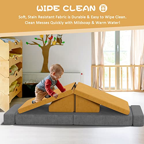 DUSACOM 6 PCS Kids Couch Floor Sofa Modular Furniture Play Set for Toddler to Teen, Indoor Convertible Sofa to Lounger with Washable Covers for Playroom Bedroom, 48" x 28.8" x 18.1" Yellow