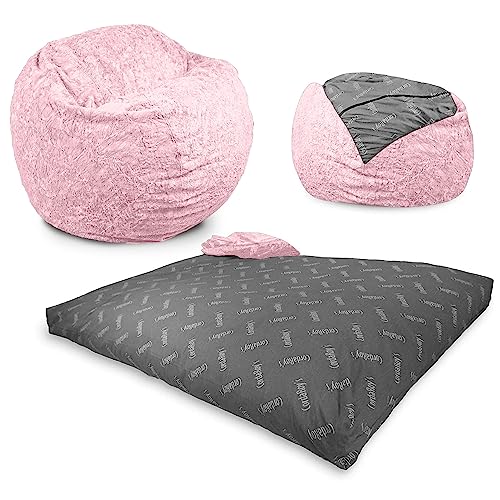 CordaRoy's Faux Fur Bean Bag Chair for Kids, Convertible Chair Folds from Bean Bag to Bed, As Seen on Shark Tank, Pink
