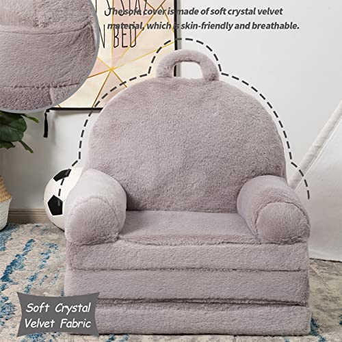 HIGOGOGO Plush Foldable Toddler Chair, Grey Children Couch Backrest Armchair Bed, Upholstered 2 in 1 Flip Open Infant Baby Seat, Kids Sofa for Living Room Bedroom