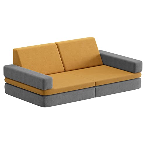 DUSACOM 6 PCS Kids Couch Floor Sofa Modular Furniture Play Set for Toddler to Teen, Indoor Convertible Sofa to Lounger with Washable Covers for Playroom Bedroom, 48" x 28.8" x 18.1" Yellow