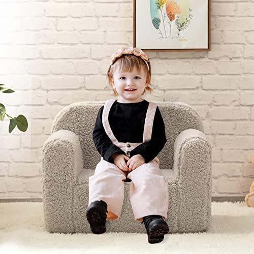 ALIMORDEN Kids Ultra-Soft Snuggle Foam Filled Chair, Single Cuddly Sherpa Reading Couch for Boys and Girls, Light Grey