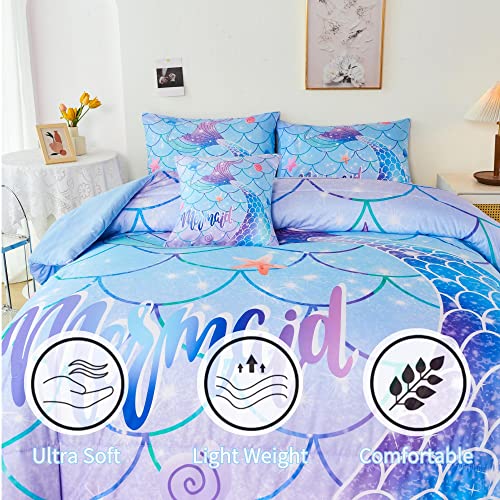 RYNGHIPY 6Pcs Mermaid Tail Comforter Set for Kids Girls, Mermaid Fish Scale Bed in a Bag Twin Size, Sparkle Teal Purple Rainbow Bedroom Decor Bedding Set