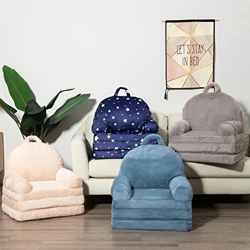 HIGOGOGO Plush Foldable Toddler Chair, Grey Children Couch Backrest Armchair Bed, Upholstered 2 in 1 Flip Open Infant Baby Seat, Kids Sofa for Living Room Bedroom