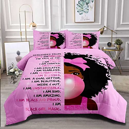 GRAT TIOC Black Girl Bubble Gum Comforter Twin for Kids Teens,Black Girl Magic Bedding Set,African American Girl Inspirational Quotes Bed Comforter Set,Black Princess Bedding Bedroom Decorations