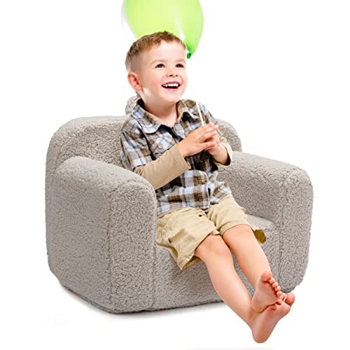 ALIMORDEN Kids Ultra-Soft Snuggle Foam Filled Chair, Single Cuddly Sherpa Reading Couch for Boys and Girls, Light Grey
