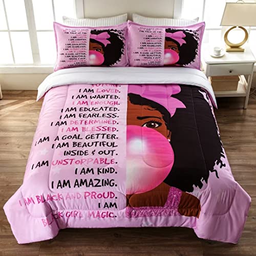GRAT TIOC Black Girl Bubble Gum Comforter Twin for Kids Teens,Black Girl Magic Bedding Set,African American Girl Inspirational Quotes Bed Comforter Set,Black Princess Bedding Bedroom Decorations