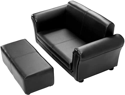 LDAILY Kids Sofa with Footstool, 2 Seat Armrest Children Couch w/Ottoman, Sturdy Wood Construction, PU Leather Upholstered Loveseat for Boys Girls, Kid Furniture Set with Stool (Black)