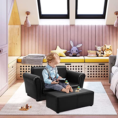 LDAILY Kids Sofa with Footstool, 2 Seat Armrest Children Couch w/Ottoman, Sturdy Wood Construction, PU Leather Upholstered Loveseat for Boys Girls, Kid Furniture Set with Stool (Black)