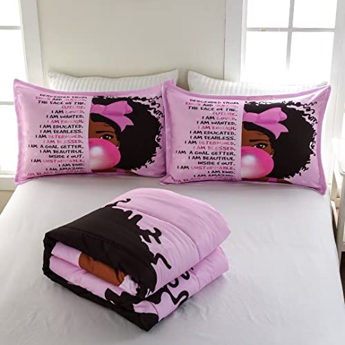 GRAT TIOC Black Girl Bubble Gum Comforter Twin for Kids Teens,Black Girl Magic Bedding Set,African American Girl Inspirational Quotes Bed Comforter Set,Black Princess Bedding Bedroom Decorations
