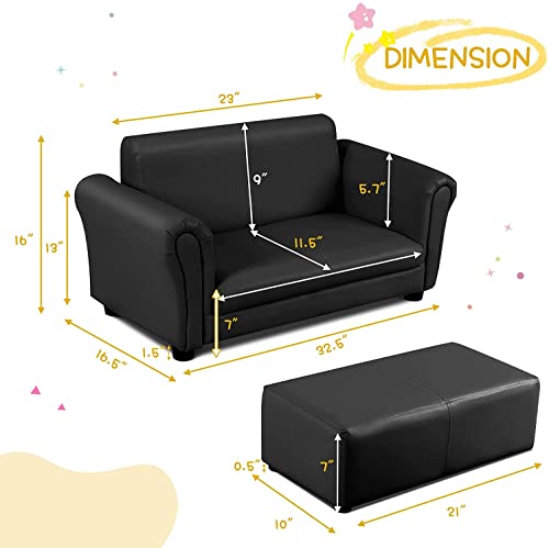 LDAILY Kids Sofa with Footstool, 2 Seat Armrest Children Couch w/Ottoman, Sturdy Wood Construction, PU Leather Upholstered Loveseat for Boys Girls, Kid Furniture Set with Stool (Black)