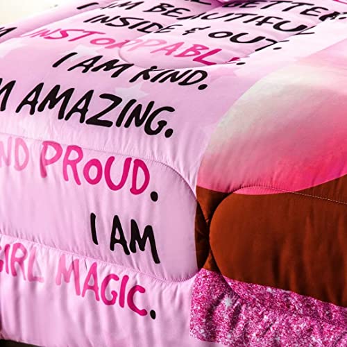GRAT TIOC Black Girl Bubble Gum Comforter Twin for Kids Teens,Black Girl Magic Bedding Set,African American Girl Inspirational Quotes Bed Comforter Set,Black Princess Bedding Bedroom Decorations