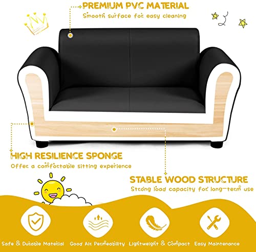 LDAILY Kids Sofa with Footstool, 2 Seat Armrest Children Couch w/Ottoman, Sturdy Wood Construction, PU Leather Upholstered Loveseat for Boys Girls, Kid Furniture Set with Stool (Black)