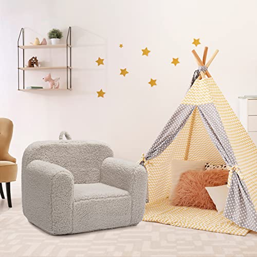 ALIMORDEN Kids Ultra-Soft Snuggle Foam Filled Chair, Single Cuddly Sherpa Reading Couch for Boys and Girls, Light Grey