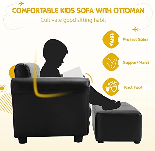 LDAILY Kids Sofa with Footstool, 2 Seat Armrest Children Couch w/Ottoman, Sturdy Wood Construction, PU Leather Upholstered Loveseat for Boys Girls, Kid Furniture Set with Stool (Black)