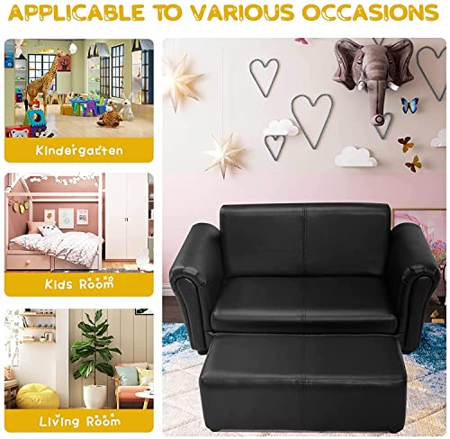 LDAILY Kids Sofa with Footstool, 2 Seat Armrest Children Couch w/Ottoman, Sturdy Wood Construction, PU Leather Upholstered Loveseat for Boys Girls, Kid Furniture Set with Stool (Black)