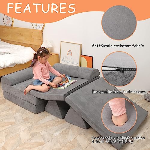 Betterhood Play Couch Sofa for Kids Imaginative Furniture Play Set for Creative Kids,Toddler to Teen Bedroom Furniture,Girls and Boys Playroom Sofa Large Grey