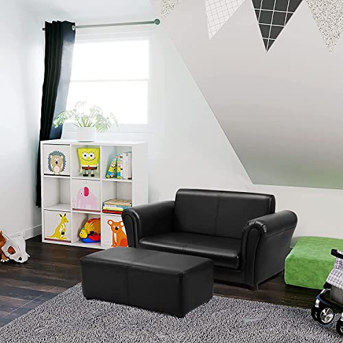 LDAILY Kids Sofa with Footstool, 2 Seat Armrest Children Couch w/Ottoman, Sturdy Wood Construction, PU Leather Upholstered Loveseat for Boys Girls, Kid Furniture Set with Stool (Black)