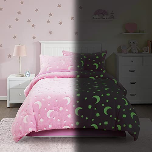 HOMBYS Glow in The Dark Comforter Set 5 Piece Twin/Twin XL with Sheets, Pink Velvet Bedding Comforter Sets for Twin Bed, Ultra Soft Down Alternative Comforter for Teenage Girls Kids, Bed in a Bag