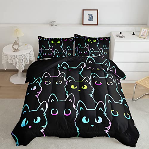Axolotl Kids Bedding Cartoon Cat Comforter Set Twin Size,Gradient Line Cute Cat Bedding Set for Teens Kids Boys Girls Adults Room Decor,Kids Comforter Set All Season,1 Comforter 2 Pillow Cases,Black