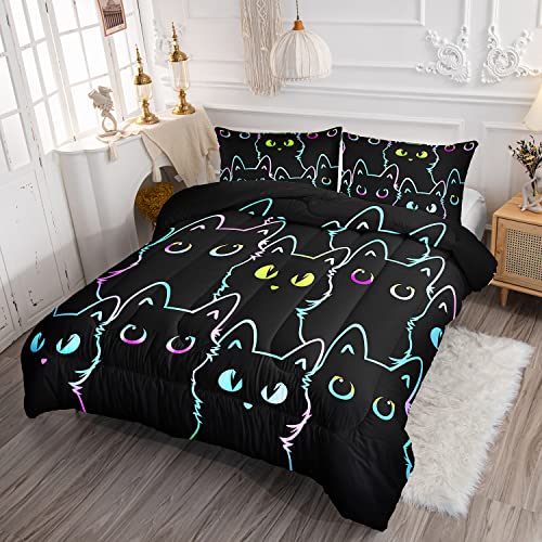 Axolotl Kids Bedding Cartoon Cat Comforter Set Twin Size,Gradient Line Cute Cat Bedding Set for Teens Kids Boys Girls Adults Room Decor,Kids Comforter Set All Season,1 Comforter 2 Pillow Cases,Black