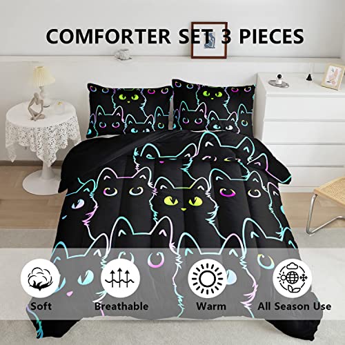Axolotl Kids Bedding Cartoon Cat Comforter Set Twin Size,Gradient Line Cute Cat Bedding Set for Teens Kids Boys Girls Adults Room Decor,Kids Comforter Set All Season,1 Comforter 2 Pillow Cases,Black