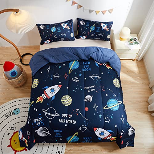 beeweed 3 Piece Kid Comforter Set Queen Size, Space Rocket Bedding Set for Teen Boys Girls