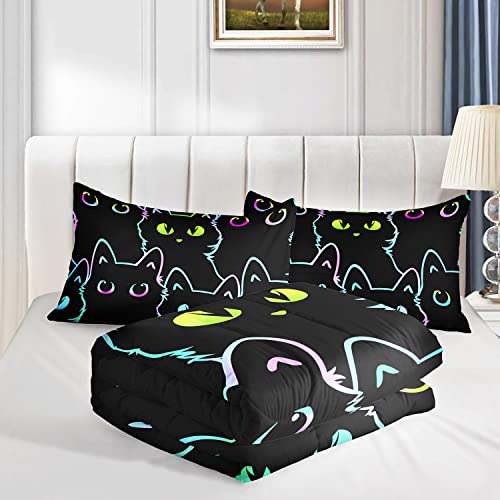 Axolotl Kids Bedding Cartoon Cat Comforter Set Twin Size,Gradient Line Cute Cat Bedding Set for Teens Kids Boys Girls Adults Room Decor,Kids Comforter Set All Season,1 Comforter 2 Pillow Cases,Black