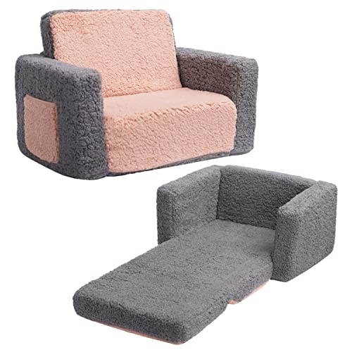 ALIMORDEN 2-in-1 Flip Out Cuddly Sherpa Kids Couch, Convertible Sofa to Lounger, Grey and Pink